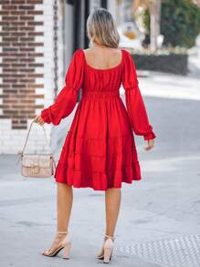 SHEIN LUNE Women's Red Multi-Layer Ruffle Square Neck Crop Top Front Tie Dress,Valentine's Day Dress - Red - View 2