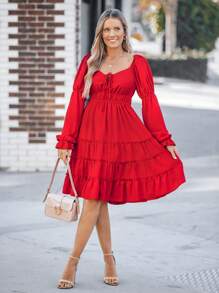 SHEIN LUNE Women's Red Multi-Layer Ruffle Square Neck Crop Top Front Tie Dress,Valentine's Day Dress - Red - View 5