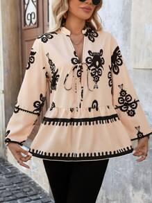 Gaivellea All-Over Print V-Neck With Ruffle Trim Long Sleeve Blouse - Apricot - View 3