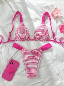 SHEIN Swim Summer Striped Top And Adjustable Waist Triangle Bottoms Pink Bikini Set, Bathing Suit - Multicolor - View 2
