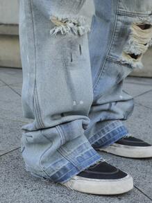 Manfinity EMRG Men's Pocket Ripped Print Simple Denim Jeans, Casual Daily Wear - Light Wash - View 6