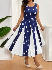 Celure Vestido casual de verano de fiesta con cuello redondo, sin mangas, de tallas grandes, con parches de lunares