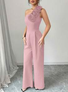 Rafferiza Elegant One Shoulder Jumpsuit For Women Wedding Guest Party With Floral Detail - Pink - View 3