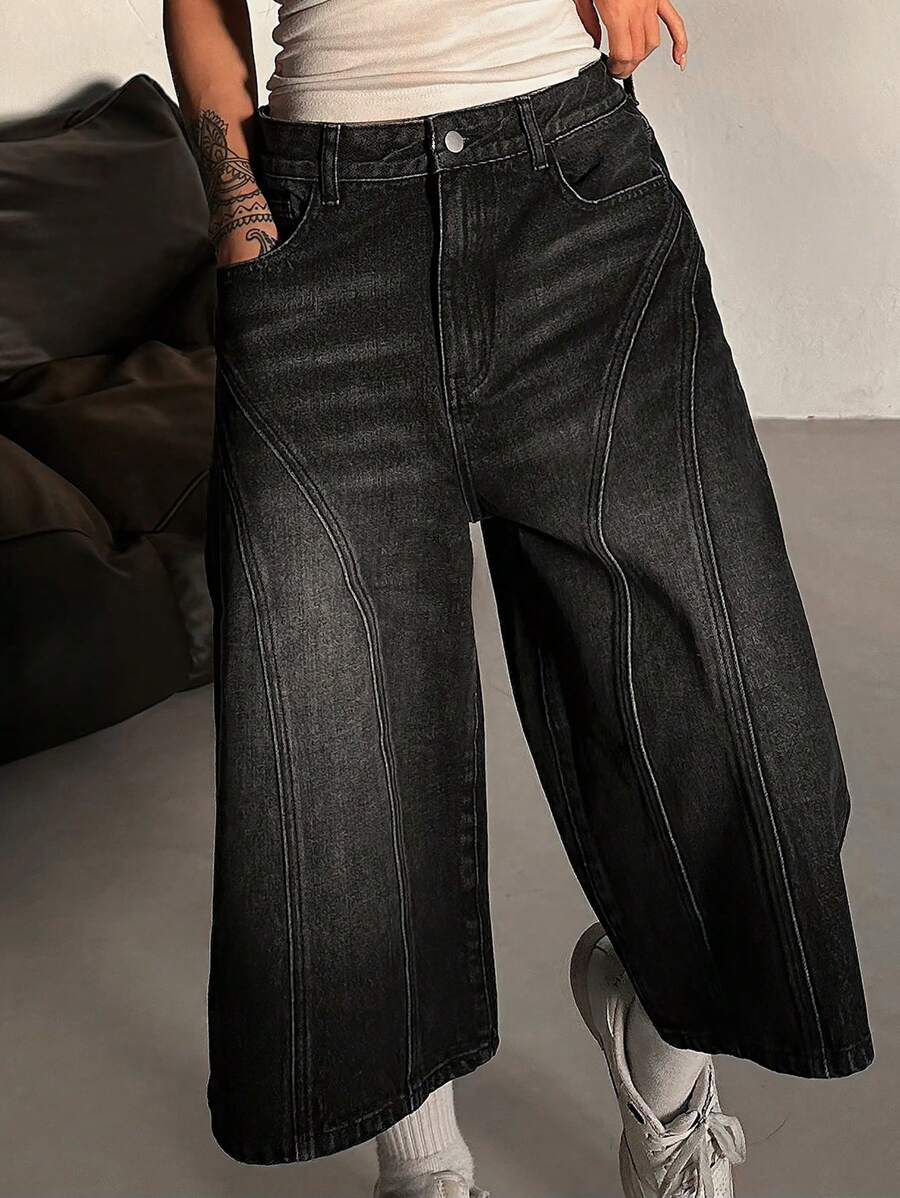 DAZY 5英寸浅色水洗宽松女式纯色口袋直筒牛仔裤，宽松牛仔裤