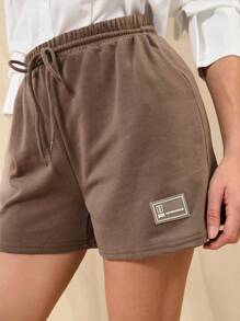 Easelle Summer Loose And Casual Brown Drawstring Waist Patched Detail Sports Shorts