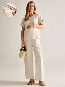 MaterniWear 2pcs Maternity Casual Solid Rib-Knit V-Neck Belt Tee & Adjustable Waist Skinny Pants Set, Spring/Autumn