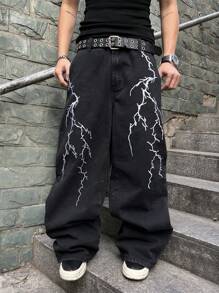 Manfinity EMRG 男士休闲宽松口袋印花牛仔裤，适合日常穿着 - 黑色 - 查看 8
