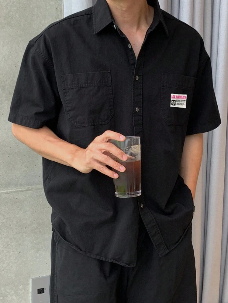 Summer Black Short Sleeve Top & Shorts Matching Set With Shirt For Men