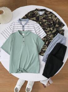 SHEIN Leap Crew 青少年男孩休闲短袖和长裤套装，多件套 - 彩色 - 查看 1