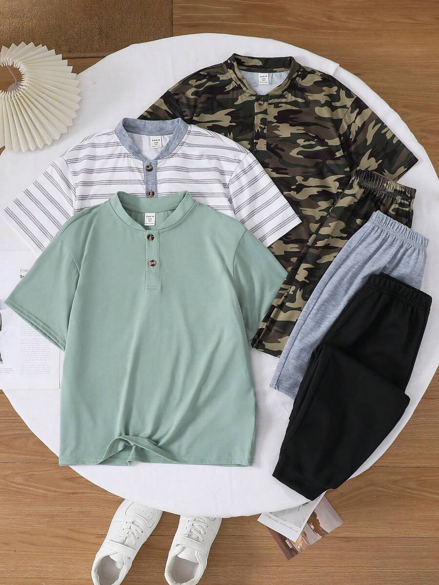 SHEIN Leap Crew 青少年男孩休闲短袖和长裤套装，多件套 - 彩色 - 查看 1