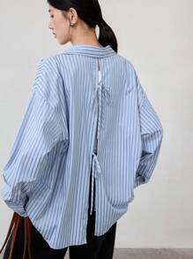 Dazy-Less Camisa de mujer de manga larga con diseño de negocios casual, cuello con cordón y espalda con bloques de color y rayas, ropa de mujer para otoño