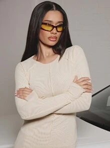 SUMWON WOMEN Midaxi 网眼紧身长袖连衣裙，带腰带细节，Y2K 风格晚会俱乐部服装，修身优雅弹力褶饰 - 杏色 - 查看 6