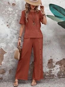 EMERY ROSE Women's Solid Color Short Sleeve & Pants Set, Casual Vacation Outfit - Rust Brown - View 8