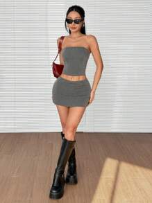 SHEIN EZwear Women's Casual Strapless Top And Skirt Suit - Grey - View 4