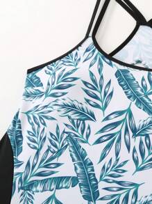 Swim Lushoire 夏季成熟树叶印花露背细肩带休闲度假风格女式吊带短款上衣比基尼