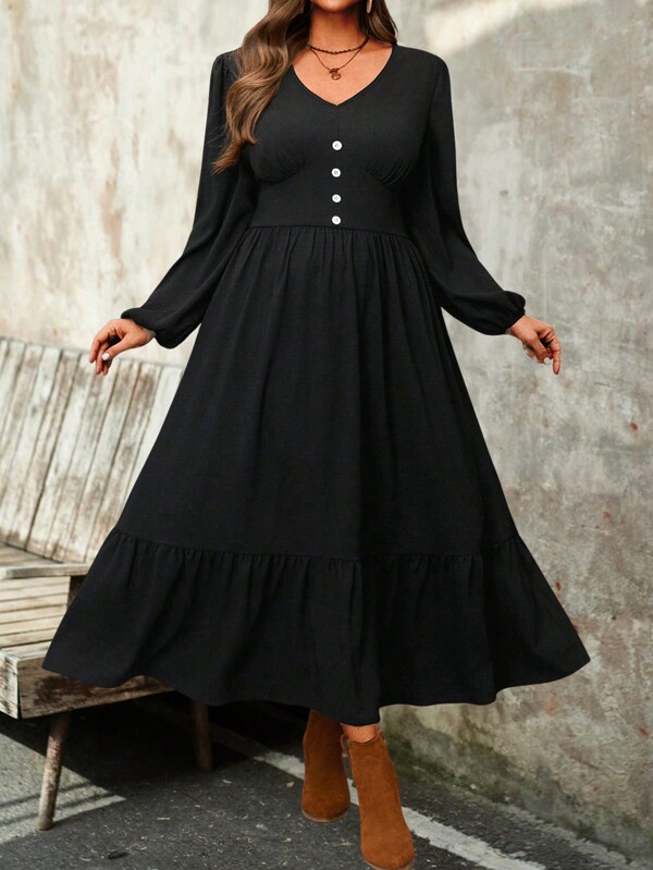 EMERY ROSE Plus Size Solid Color Front Button Long Sleeve Casual Dress New Year Party Dress