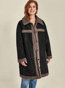 SHEIN Clasi Plus Size Women Winter Clothes Contrast Color Lapel Long Sleeve Single-Breasted Casual Padded Padded Coat - Multicolor - View 4