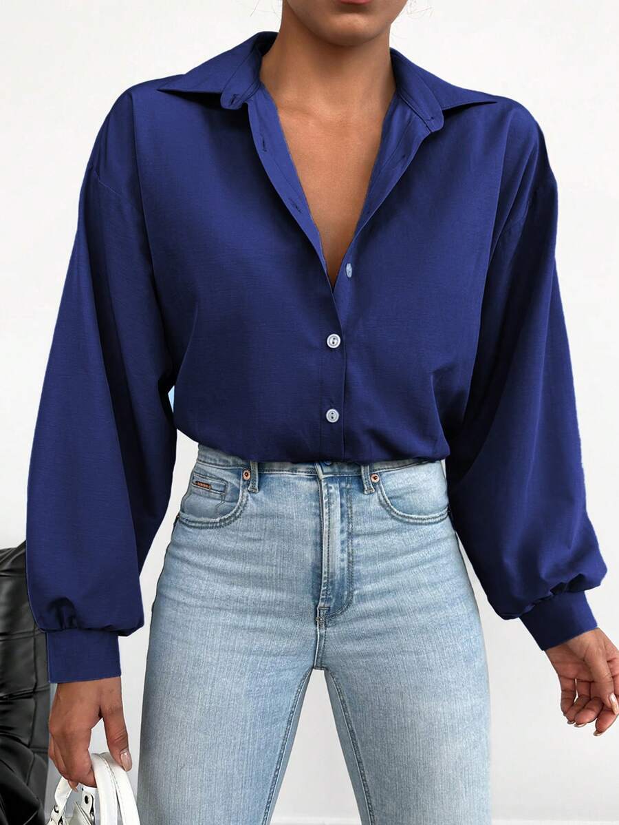 EURMUSE Cotton Solid Blue Drop Shoulder Oversized Shirt - Navy Blue - View 1