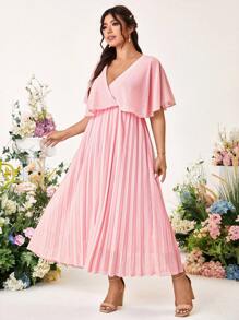 Cravure 大码女式优雅纯色雪纺褶腰 A 字中长连衣裙婚礼当天婚礼宾客婚礼 - 粉色 - 查看 3