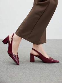 CUCCOO BIZCHIC New Pointed Toe Chunky Heel Pumps For Women, Bowknot Color Block Rivets Closed Toe Fashion High Heels Spring Shoes Spring Break Easter For Christmas - Burgundy - View 4