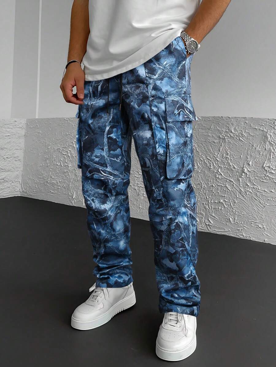 Manfinity Hypemode Loose Fit Men's Flap Pocket Side Drawstring Waist Cargo Pants - Blue - View 1