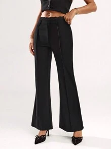 SHEIN BAE Women's Solid Color Flare Leg Pants With Lace Hem, Casual Everyday Wear