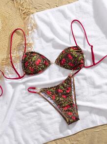 SHEIN Swim Conjunto de bikini de 2 piezas para mujer con estampado de cerezas y leopardo, sexy, con escote halter y espalda descubierta, perfecto para el verano - Multicolor - Ver 5