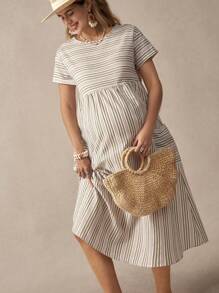 Boho Mama Boho Maternity Patch Pocket Striped Dress - Green - View 5