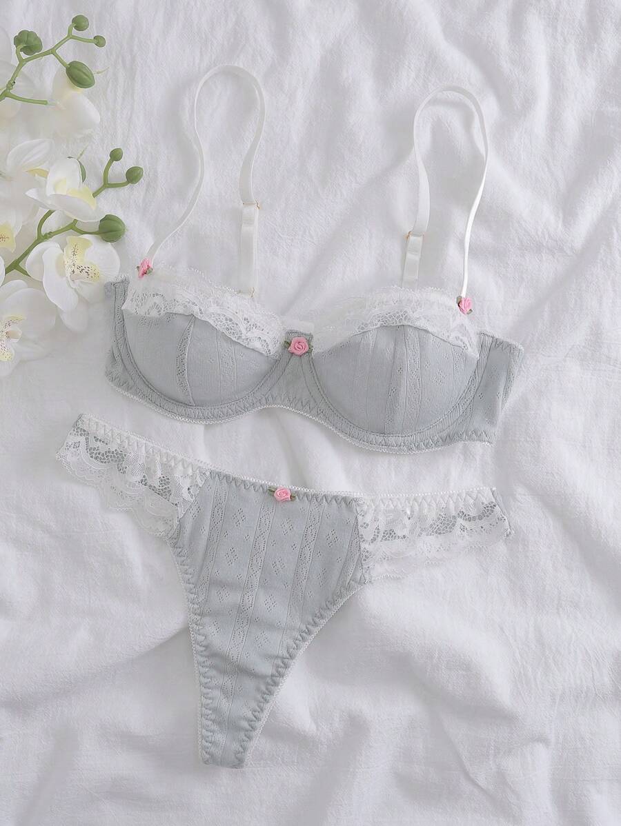 Elorette 对比色蕾丝钢圈文胸和内裤内衣套装，可爱 - 淺灰色 - 查看 1