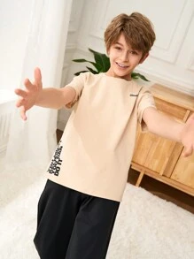 SHEIN Leap Crew 2pcs Tween Boys Casual Minimalist Letter Print Crew Neck Short Sleeve T-Shirt And Pants Loungewear Set - Khaki - View 5