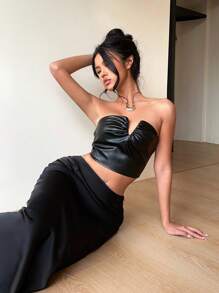 Aloruh Women's Asymmetrical V-Neck Ruched Midriff-Baring Cropped Tight Vest,Elegant Retro Solid Black,Autumn,Girly,Club,Valentine's Day Y2k Corset Tube Top - Black - View 5