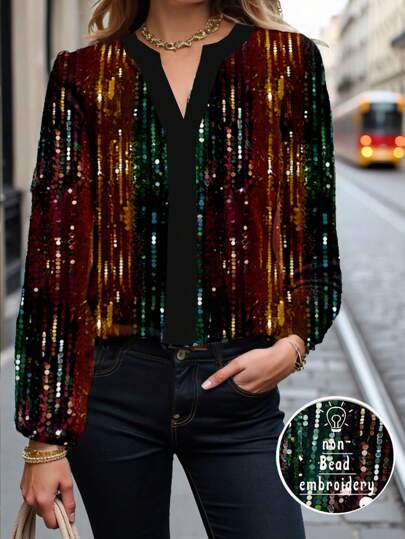 Glamance Warp Atelie Women Black Plus Size Blouses Extra-Long Sleeve Notched Casual Plain,All Over Print,Colorblock Summer Outfits For Women Summer Tops Going Out