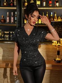 Women Elegant Knitted Elastic V-Neck Short Sleeve T-Shirt, Shiny, Solid Color, Elegant, Everyday, Sexy