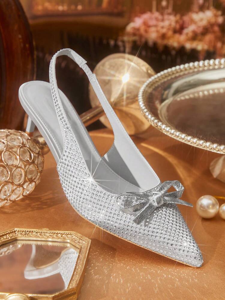 CUCCOO TILAWA Women's Silver Rhinestone Butterfly Pointed Toe High Heel Shoes, Elegant Minimalist Design, Suitable For Spring Casual Wear, Commuting, Formal Events Spring Shoes Spring Break Easter Prom Heels