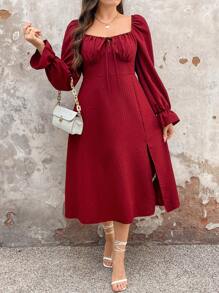 SHEIN Unity Sweet Square Neck Puff Sleeve Waist Flared Hemline Split Dress Fall Cloth For Women - Multicolor - View 1