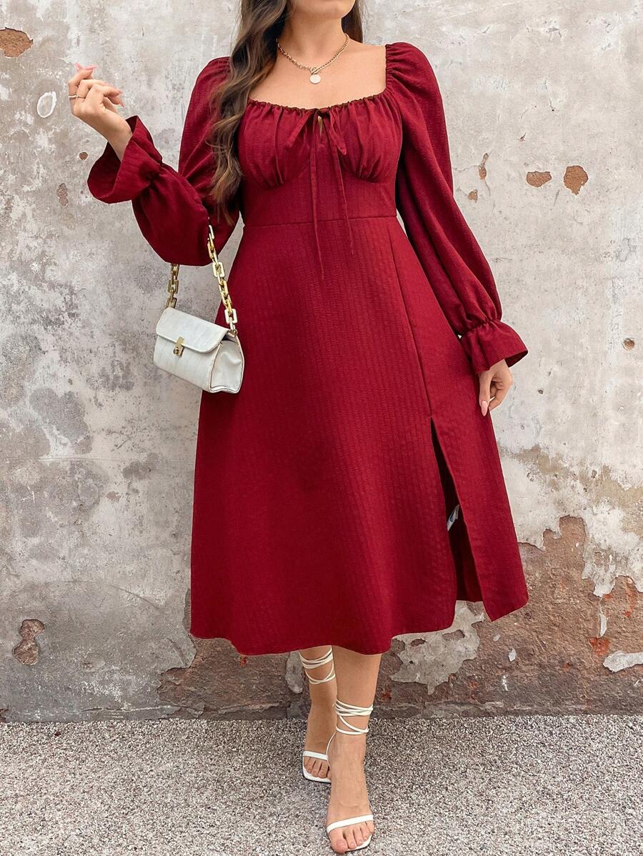 SHEIN Unity Sweet Square Neck Puff Sleeve Waist Flared Hemline Split Dress Fall Cloth For Women - Multicolor - View 1
