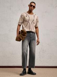 AKNOTIC Party 男士黑色渐变编织宽松休闲中腰直筒七分裤，适合日常穿着，春夏季 - 黑色 - 查看 3