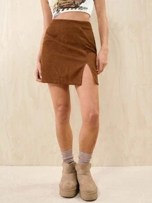 SHEIN EZwear Split Hem Corduroy Mini Skirt - Rust Brown - View 4