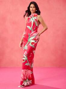 Becci Designer Red Floral Printed Halter Long Dress, Concert Outfit Spring & Summer, Festival, Prom Dress Brunch Outfits Tea Party Dress - Red - View 4