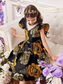 Tween Girl Floral Jacquard Ruffle Puff Sleeve Pearl Embellished Mini Stand Collar Dress - Multicolor - View 5