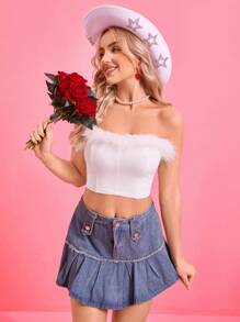 SHEIN LUNE 女士白色拼布兔毛饰边短款抹胸，情人节，短款上衣 - 白色 - 查看 4