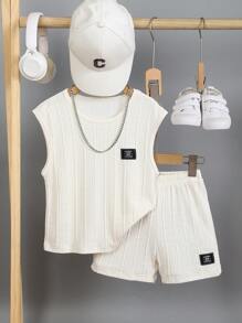 2 bucăți/Set maieu și pantaloni scurți fără mâneci pentru băiat tânăr, ținută de vară potrivită pentru sport, în aer liber, școală, sezon de vară