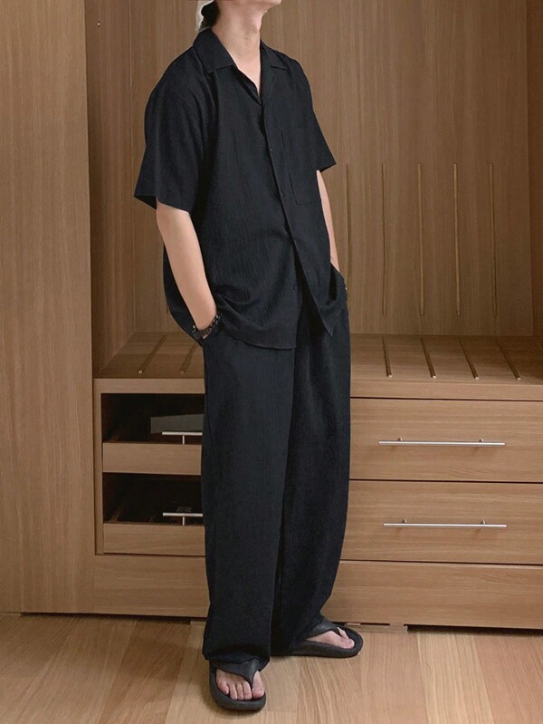 DAZY Summer Solid Color Black Short Sleeve Shorts Set Paired With Men's Shirt Suit