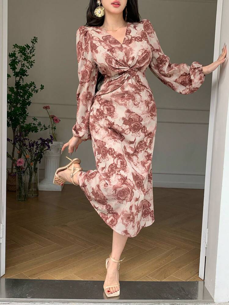 V-Neck Floral Print Twist Knot Detail Midi Dress For Women,Ruffle,Fall Dress Long Sleeve Dress Easter