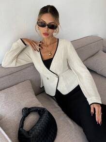 SHEIN Frenchy Áo khoác Blazer dài tay màu trơn thường ngày dành cho nữ, phong cách tối giản cho trang phục hàng ngày, áo khoác vest vải lanh có viền tương phản, eo bó, gấu áo chữ A nhún bèo, áo khoác dài tay có vạt gấp, trang phục không thể thiếu khi đi làm vào mùa thu/đông - Màu be - Xem 6