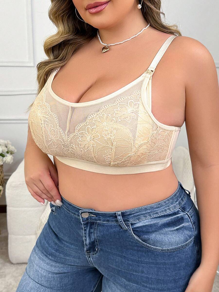 Moonlight&Mama 1pc Plus Size Lace Contrast Mesh Nursing Bra - Apricot - View 1