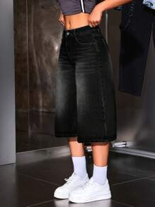 SHEIN ICON 女士休闲水洗宽松 3/4 长牛仔裤 - 黑色 - 查看 6