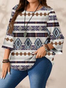 EMERY ROSE 大码女式休闲简约全印花圆领 3/4 袖衬衫，适合秋冬季