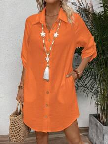 SHEIN LUNE 女士纯色前扣简约衬衫领休闲短裙 - 橘色 - 查看 5