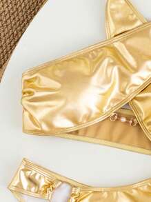 Swim SXY Women's Spring Break Beach Wear Summer 2 Pieces Outfit, Solid Color Criss-Cross Pearl Strap Sexy Open Back Circular Ring Bikini Set, Boho Festival - Gold - View 8